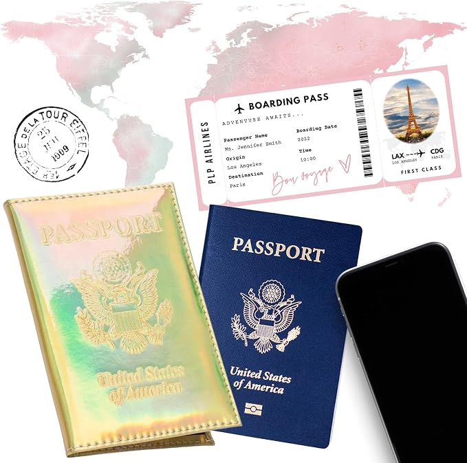 Chrome Passport Cover Vaccine Card Holder Combo, Passport Holder with Vaccine Card Slot (Gold)