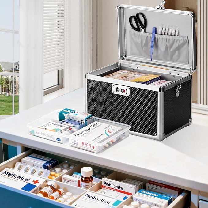 Medicine Box with Combination Lock - 13.4"x7.6"x8.2" First Aid Safe Medication Storage Case, Personal Items Safe Case for Hospital & Home & Outdoor 【Black】