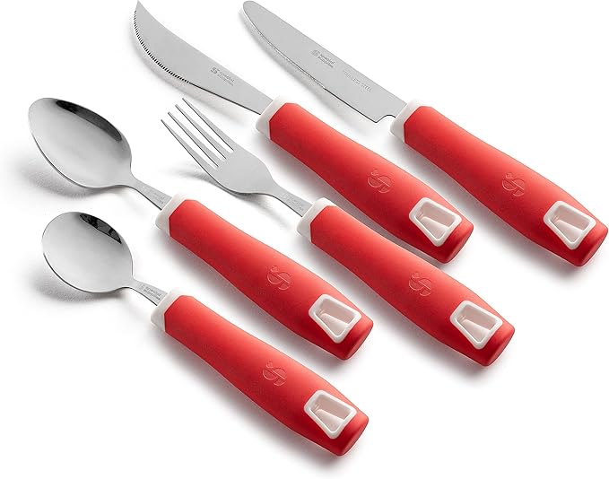 Special Supplies Adaptive Utensils 5-Piece Set Non-Weighted, Non-Slip Handles for Hand Tremors, Arthritis, Parkinson’s or Elderly Use - Stainless Steel Knife, Rocker Knife, Fork, Spoons - Red