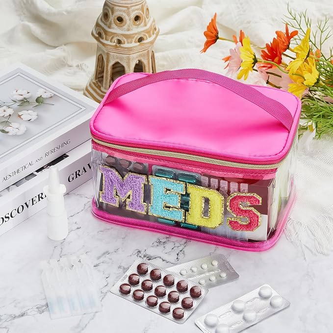 Geetery Meds Travel Bag for Women & Teen Girls, Chenille Letter Nylon Cosmetic & Medicine Organizer Case with Zipper, Portable Toiletry Storage, Cheerleader Gift