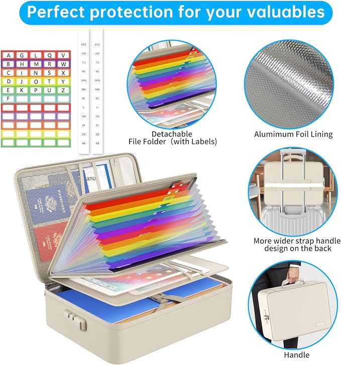 ENGPOW Fireproof File Organizer Bag with 13 Pockets Accordion File Folder | 5200℉ Document Organizer Box with Lock & Labels, Multi-Layer, Portable Home Safe Storage for Important Documents, Beige