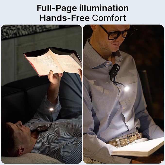 Clip-On Light for Clothes with Portable Case – Book Light, USB Rechargeable LED Lamp for Reading in Bed, Eye-Friendly 3 Color Modes, 3-Level Dimming