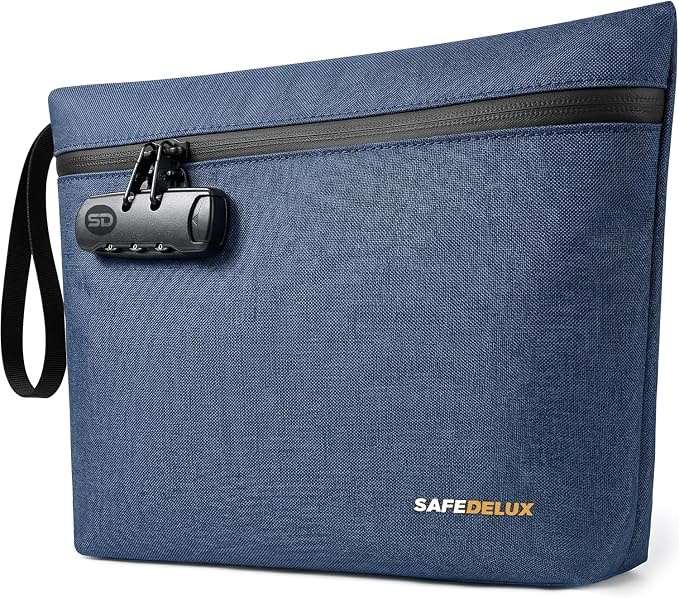 Smell Proof Bag with Combination Lock, Durable Odor Proof Storage Pouch with Activated Carbon Fabric Lining, Secure Travel Pouch for Home & On-the-Go (Denim Blue, 11.8 x 8.6 inches)