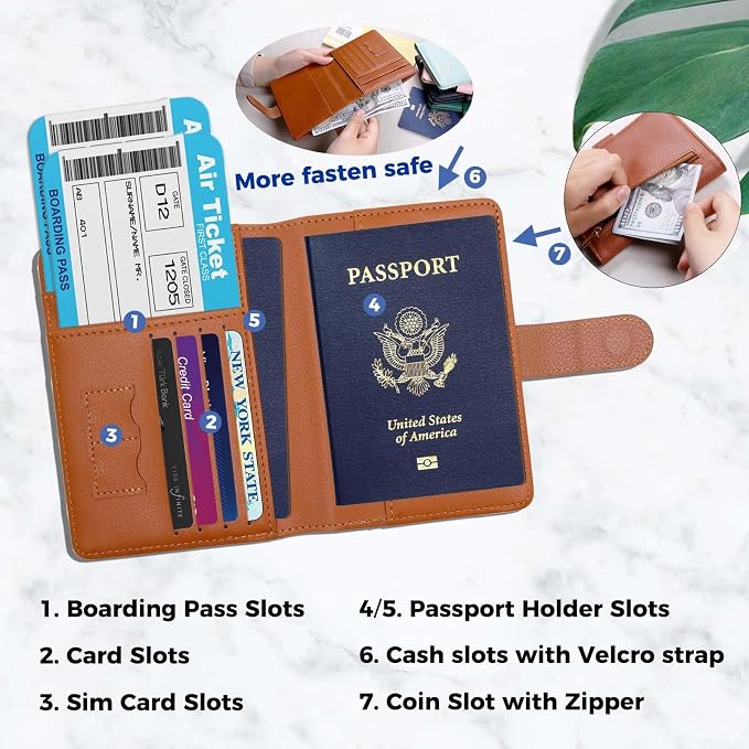 Cnycmy Passport Holder with RFID Blocking, Cash Pocket & Back Zipper Coin Pocket - Travel Document Holder, Magnetic Button, Multiple Card Slots - Soft PU Leather for Men and Women (BROWN)