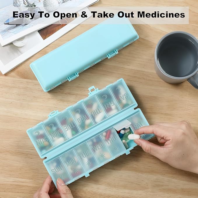 Foldable Pill Organizer 2 Times a Day w/Etched Labels -Dual Protection & Portable Weekly AM PM Pill Box, 7 Day Medicine Container, Large Travel Pill Case for Week Daily Supplement Vitamin - Sky Blue