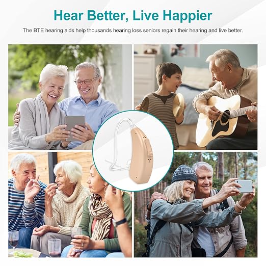 Rechargeable Hearing Aids for Seniors with Noise Reduction, BTE Hearing Aids for People with Mild Moderate Severe Hearing Loss, Dual Microphones, Comfortable Fit - Beige