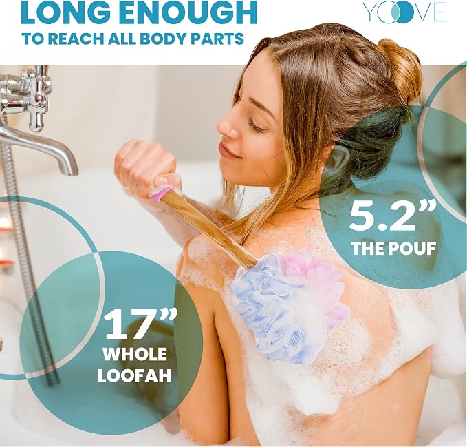 Yoove Pink Loofah Back Scrubber with Bamboo Charcoal Handle | Charcoal infused bath sponge with wooden handle, luffa pouf & hanging hook for men & women - exfoliating body scrubber stick