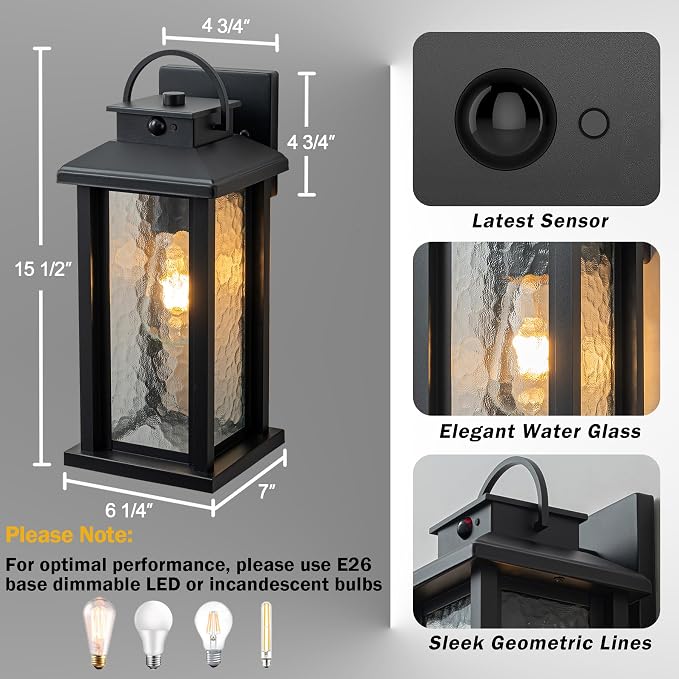 2-Pack 15.5" Motion Sensor Outdoor Lights Dusk to Dawn Porch Light | 3 Lighting Modes, E26 Socket, Water Glass, Hardwired, Matte Black Exterior Lighting Fixtures for Porch Front Door