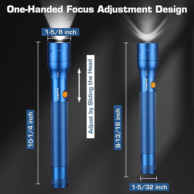 EverBrite Ultra Bright Tactical Flashlight, 900 Lumen Zoomable Adjustable Focus, 3 Light Modes, Heavy-Duty Aluminum Torch for Hurricane Supplies Camping, Includes 3C Alkaline Batteries-Blue