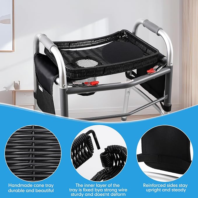 Handwoven Rattan Walker Tray for Folding Walker, Tray for Walker for Seniors Detachable with Cup Holder,Walker Accessories for Elderly,Tray Table Fits Most Standard Walkers (Black)