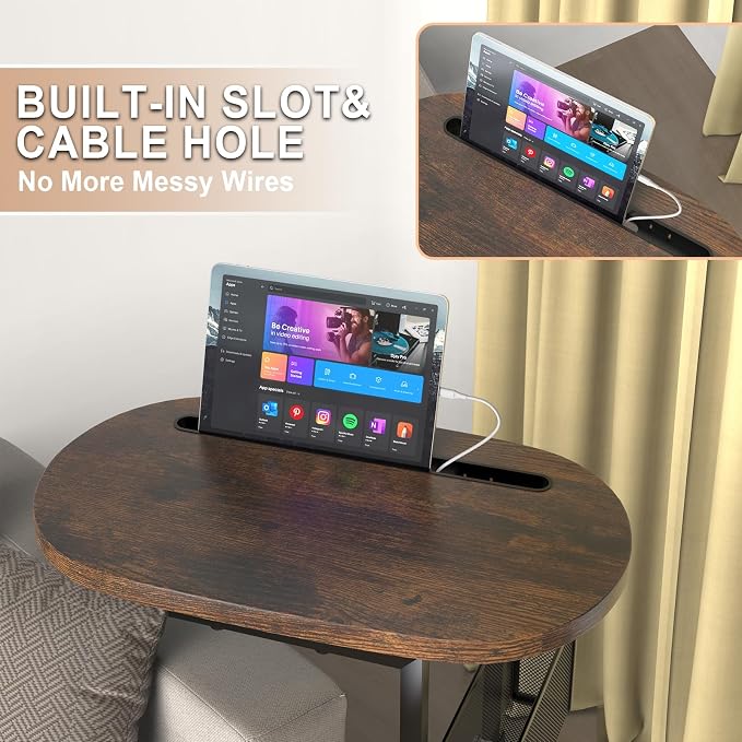 Fashion TV Tray with Large Tabletop, Adjustable Sofa Table with Baskets | Tv Dinner Couch Tray Table With Strong Metal Frame for TV Watching, Meals, Snacks, Oval, Brown,16.93inch x 12.6inch