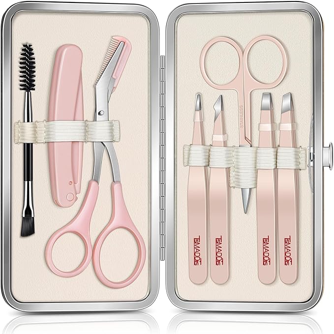 TsMADDTs Tweezers for Women Facial Hair, 8-piece Eyebrow Kit with Bag | Stainless Steel Precision Tweezers Set for Eyebrow, Face, Nose, Lash, Ingrown & Splinter, Gift Set with Scissor, Razor, Brush