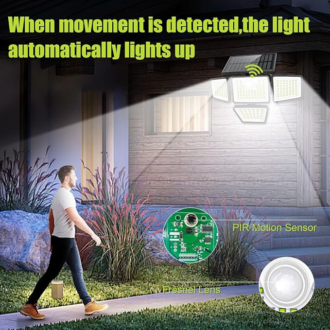 daphino 3000LM Solar Lights, Motion Sensor Outdoor Lights, 4-Head, 2 Pack | 270° Wide-Angle Street & Area Coverage, IP65 Waterproof Security Lighting, 3 Lighting Modes, Remote Control