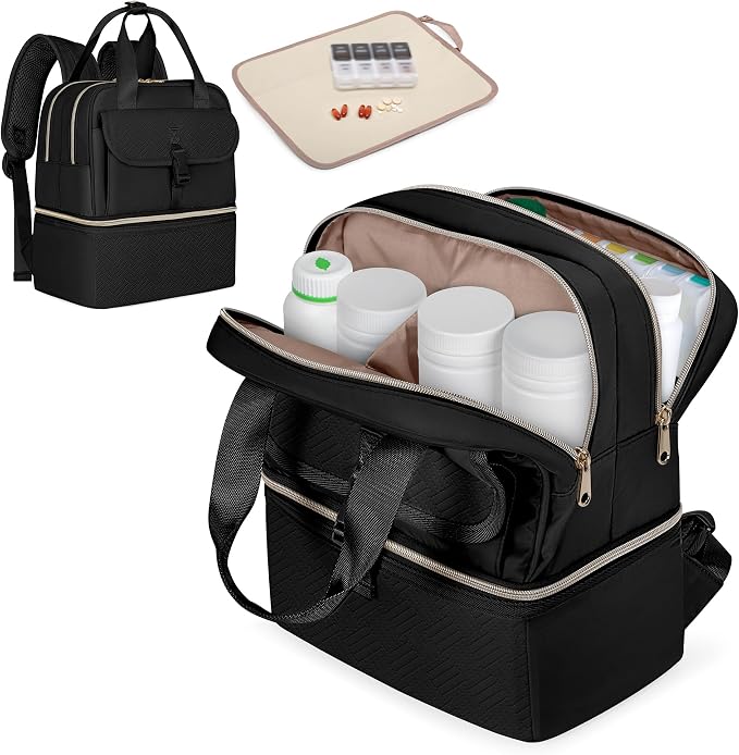 Fasrom Medicine Travel Bag, Pill Bottle Organizer w/Insulated Compartment | Double Layer Design with Waterproof Mat, Stores Vitamins & Medical Supplies, Travel, Home and Daily Medication Storage