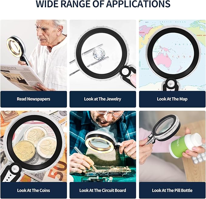 45X Magnifying Glass with Light, 4.6 Inch 1200mAh USB Rechargeable Large Handheld Magnifier, 6 Color Modes, Perfect for Low Vision Seniors, Macular Degeneration & Fine Print (Black)