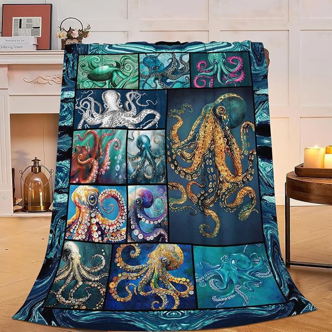 Ocean Octopus Blanket Soft Octopus Flannel Fleece Blanket Cozy Warm Nautical Octopus Stuff Decor Bedding Plush Throw Blanket Octopus Gifts for Lovers Girls Boys Kids Women Adults Bed Travel 60"x80"