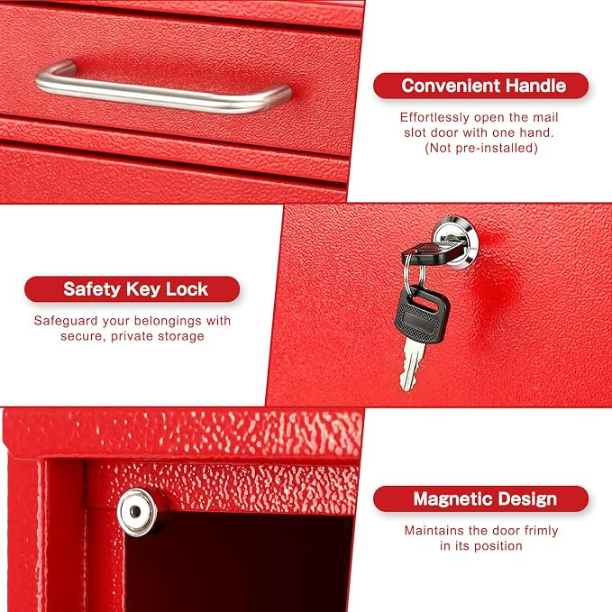 KYODOLED Locking Wall Mount Mailbox for Outside, Drop Box, X-Large, Red | Heavy-Duty Steel, Outdoor Mail Box with Key Lock, Large Capacity, Home, Office & Apartment Use, 16.2H × 11.2L × 4.6W In