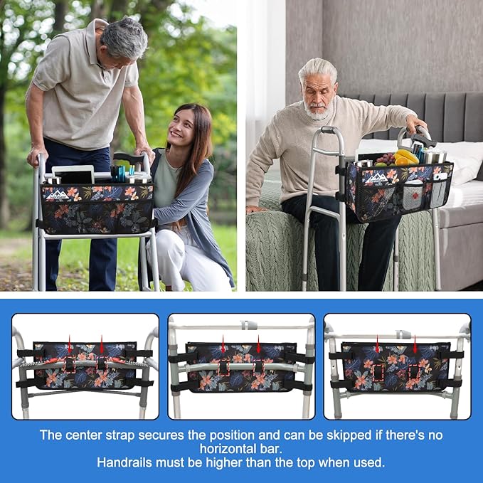 supregear Walker Basket, Foldable Walker Bag with Cup Holder, Storage Pouch with Large Capacity and Never Tipping Over, Hand-Free for Seniors Elderly, Not Fit for Rollator, Floral Black