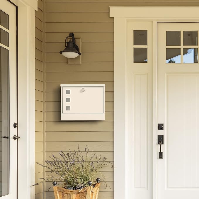 LAND·VOI Locking Mailbox Wall Mounted, Metal Postbox with Three Sets of Mail Box Number Stickers, 4 Keys, 14.4" x 4.5" x 11.2", Large Capacity, Textured White, AMB11W