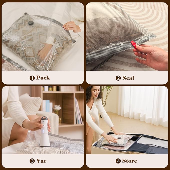 Vacbird Travel Vacuum Bags with Pump, Carry-On Luggage Space Saver | See Contents Easily with Transparent Bags, 1500mAh Pump Compresses 90+ Bags, Carry-On Size for Easy Travel Packing