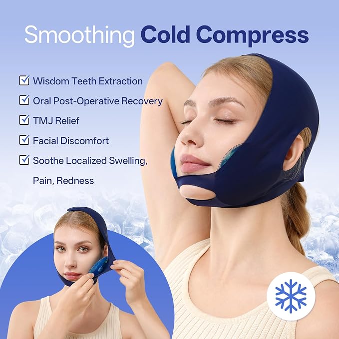 samply Wisdom Teeth Ice Pack Head Wrap with 4 Reusable Gel Cold Packs, Adjustable Face Ice Mask for Jaw & Cheek, Cold Compress, Navy Blue