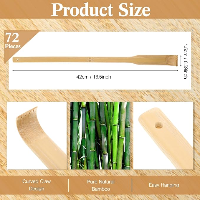 72 Pcs Bamboo Back Scratcher Bulk Long Handle for Itching Relief | Traditional Wooden Manual Back Massager for Elderly Men Women, Natural Bamboo with Hanging Hole, Gifts for Nursing Friends