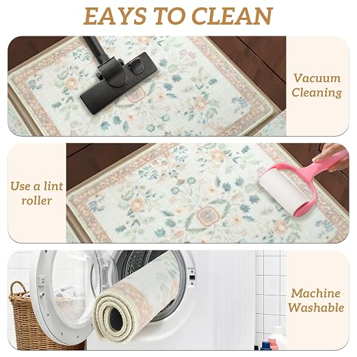 RORA Stair Treads Landing Mat, 30x30 Stair Landing Rug for Indoor | Non-Slip, Washable, For Wooden Steps, Floral Design, Stair Rugs Mat for Pets, Beige