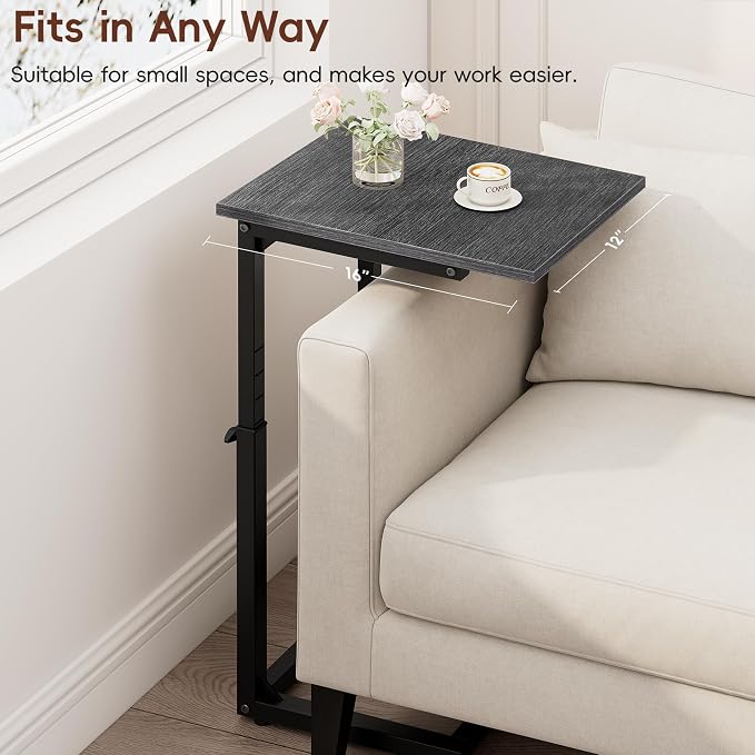 C-Shaped End Table, 33" Tall C Table Adjustable Height Side Table, Small Couch Table with Metal Frame, Slide Under Sofa TV Tray for Living Room, Bedroom, Bedside, Small Spaces, Gray Walnut