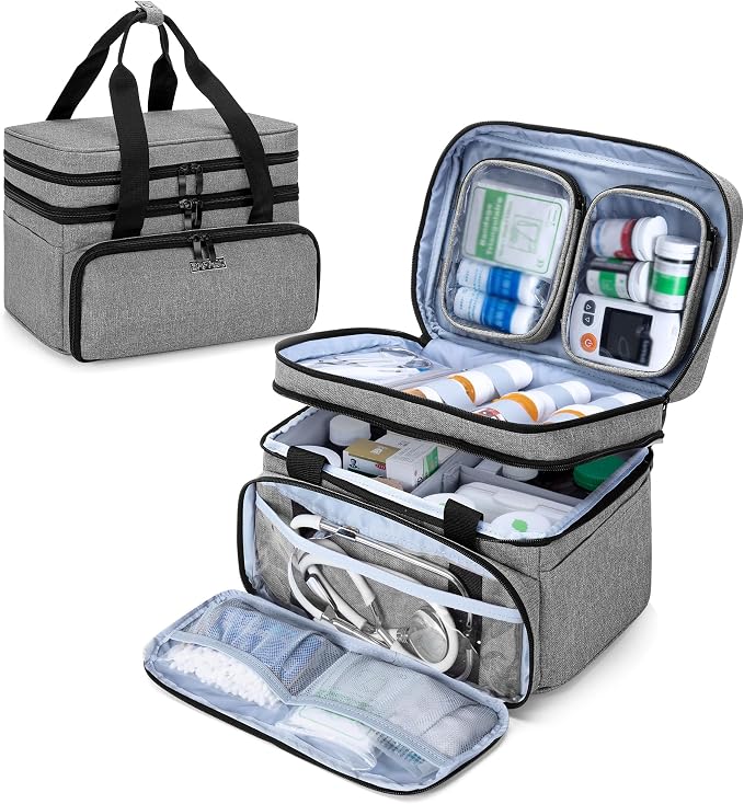 BAFASO Double Layer Medicine Bag with 2 Detachable Pouches, Gray | Pill Bottle Organizer for Travel and Daily Use (Bag ONLY)