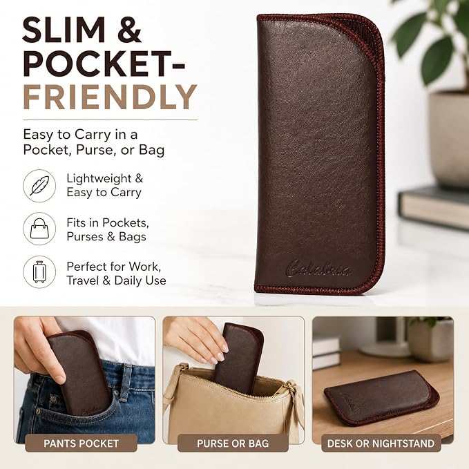Calabria Half Slip-in Soft Eyeglass Case PU Leather Felt Brown Men Women Vertical Flat Eye Glasses Pouch Sunglasses Holder - 100PACK