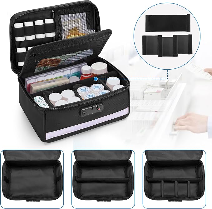 Damero Locking Pill Bottle Organizer with Inner Dividers, Black | Medicine Storage and Organizer Bag Combination Lock, Medicine Lock Bag for Medicine, Vitamins and Medical Supplies