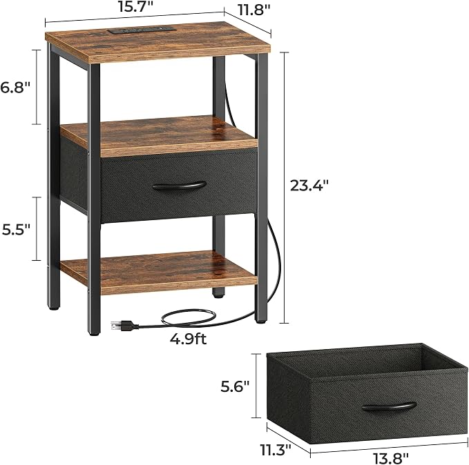 SUPERJARE Nightstand with Charging Station, Bed Side Table with Adjustable Fabric Drawer, Night Stand for Bedroom, 3-Tier Storage End Table, for Living Room, Rustic Brown and Black | Night Stand for Bedroom, with Adjustable Fabric Drawer, 3-Tier Storag...