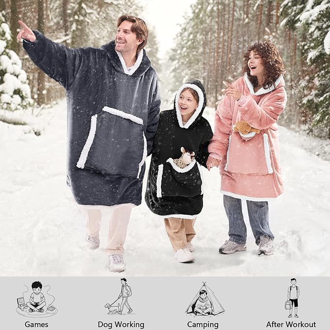 JOYWOO Black Kids Wearable Blanket Hoodie,Oversized Cat lovers Hoodie Blanket for kids & Teens,Birthday Gifts for Girl Boys,Warm Cozy Fuzzy Sherpa Fleece Sweatshirt Blanket with Giant Pocket Gifts