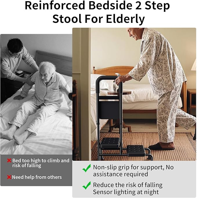 Step Stool with Handle for Adults- Step Stools for Seniors with Adjustable Handrail, Non-Skid Platform, Elderly, Foot Stool, Bed Steps for High Beds for Adults (2 Step Stool)