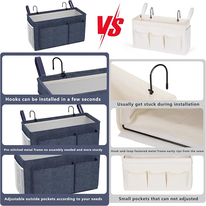 Bedside Caddy Bedside Storage Hanging Organizer for Bunk Dorm Bed Rail | Bed Caddy with Hooks, Top Bunks and Dorm Essentials for Water, Tissues, Tablets, Books, Phones, Remotes and Other Necessories