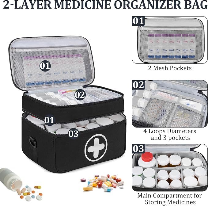 Medicine Organizer Bag with 7 Day pill box, 2 Layer Pill Bottle Bag | Lockable Medicine Travel Bag with Adjustable Divider, Suitable for Pills, Vitamins, Fish Oil,Medical Supplies