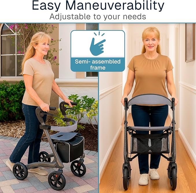 Vive Mobility Carbon Ultralight Rollator Walker - 4 Wheel Lightweight Carbon Fiber Walker for Seniors with Seat - All Terrain, Foldable, Height Adjustable - 300 lbs Weight Capacity, Mobility Aid