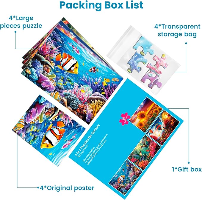 4 Packs Large Piece Puzzle for Seniors - Dementia 36 Pieces Puzzles for Elderly Adults,Alzheimer Puzzles Memory Cognitive Games for Elderly Seniors with 4 Storage Bags
