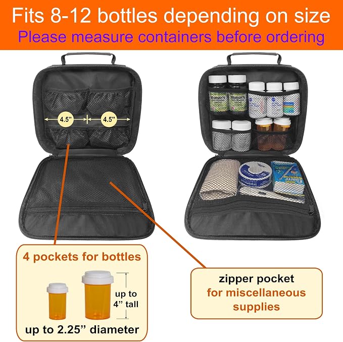 Pack of 2 - Medium Travel Pill Bottle Organizer, Slim Medicine Bag, Carrier for Medications and Medical Supplies - Black