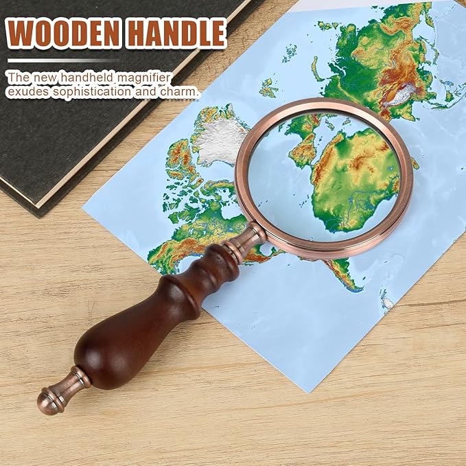 Rongon Handheld Magnifying Glass 10X Vintage Reading Magnifiers with Wooden Handle Antique Copper Portable Magnifying Lens for Reading Macular Degeneration Hobby Observation Classroom