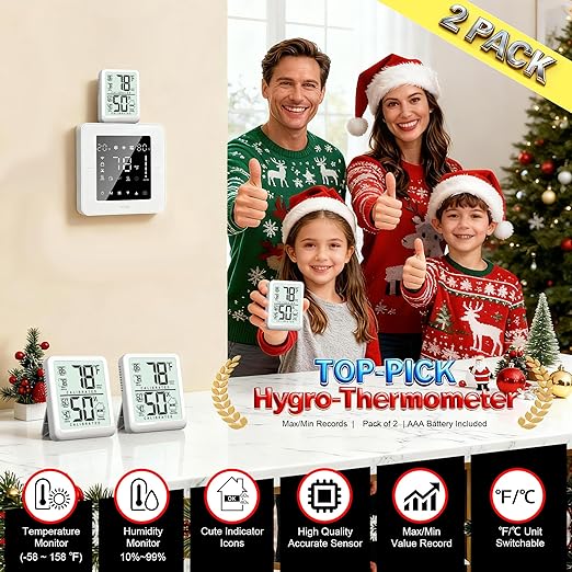 2 Pack Room Thermometer Indoor Hygrometer with Max/Min Record | W/ Battery, 24h Max/Min Record, Accurate Sensor, Fast Refresh, Easy to View, ℉/℃, Durable Kickstand, Compact, for Home Office