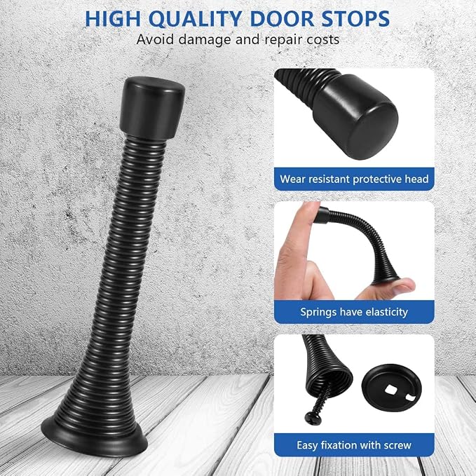 KISEER 12 Pack Spring Door Stops 3 1/4 Inch Flexible Heavy Duty Spring Door Stopper with RustProof Screw Rubber Bumper Tips (Black)