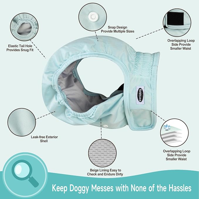 Tuiskusa Reusable Washable Dog Diapers Female, Highly Absorbent Doggie Diapers, Size Adjustable Puppy Diapers for Dog Period Panties(5 Pack)