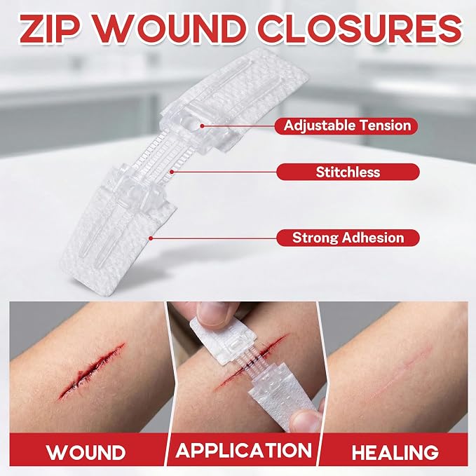 3 PCS Wound Closure Strips for Emergency Laceration & Wound Repair - Zipstitch Sutures - Painless Alternative to Stitches - Butterfly Bandages for Hiking, Camping, Survival & First Aid Kit Essential