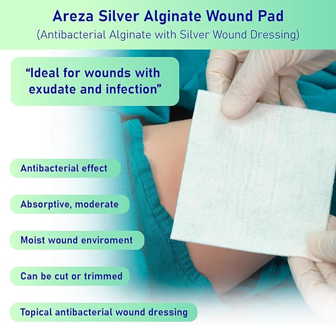 Areza Silver Calcium Alginate Antibacterial Wound Dressing Pads – Sterile, Non-Stick, Highly Absorbent; for Wound Drainage & Infection Risk (4.25″×4.25″, 100-Pack per Box), 1 Box