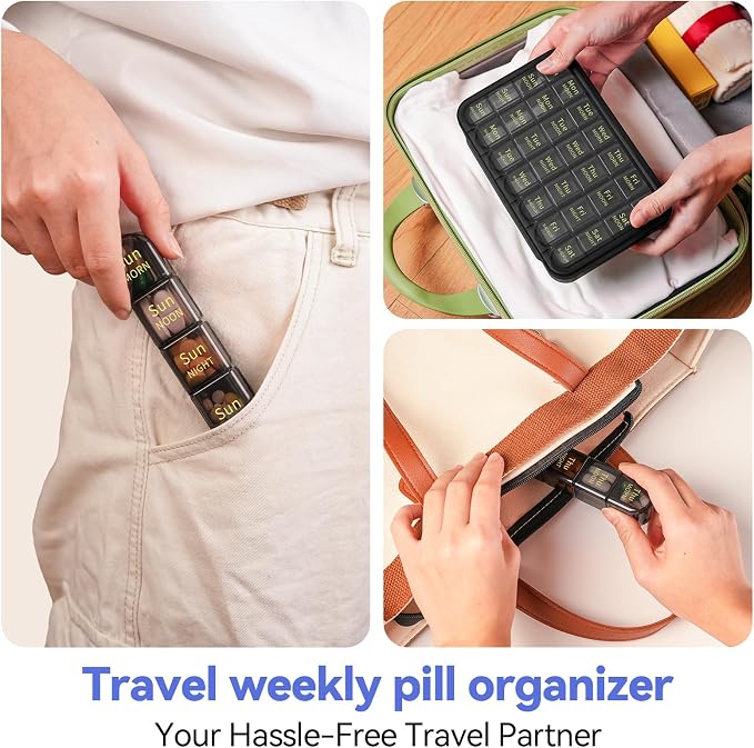 Zoksi Pill Organizer 4 Times a Day, 7 Day Pill Box with Removable Daily Cases, Large Medicine Organizer for Pills, Vitamins and Supplements, Easy Open 180 Degree Lids, Travel Pill Case