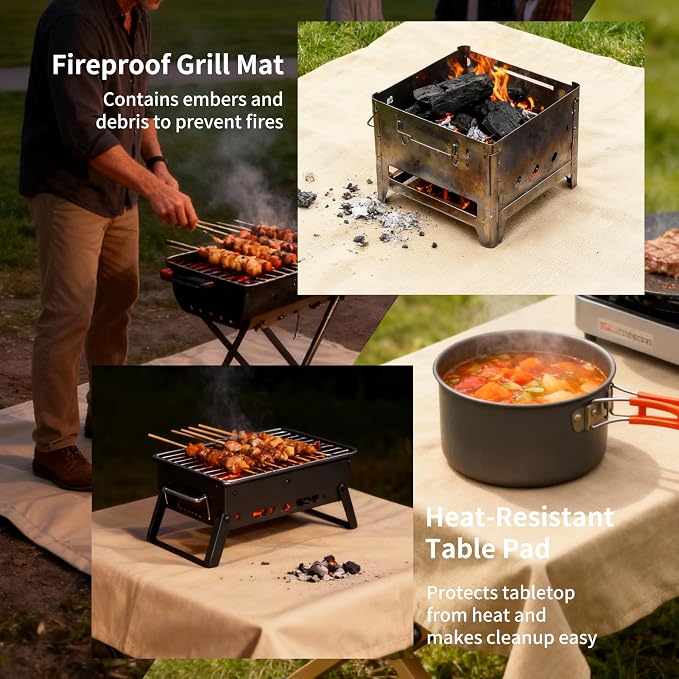Fireproof Camping Blanket - Heat-Resistant Fiberglass Mat for Outdoor Cooking, BBQ & Emergency(Khaki 31.5" x 37.5")