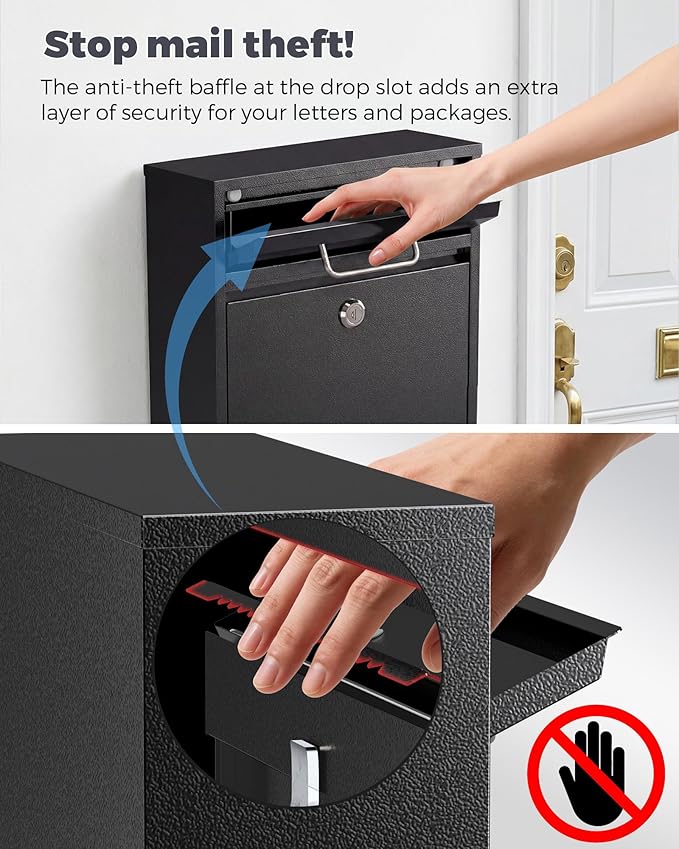 LAND·VOI Large Capacity Mailbox for Outside, Heavy Duty Rustproof, Locking Mailbox, 4 Replaceable Keys, Weatherproof Wall Mounted Mailbox for Residential & Apartment, 15.4"×11.8"×4.7", Black, Large