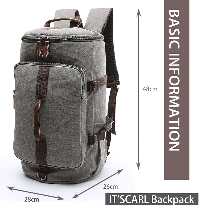 IT'SCARL Mens backpack, Large backpack for travel, Carry-on, canvas bag, 17 inch computer waterproof back pack(grey)