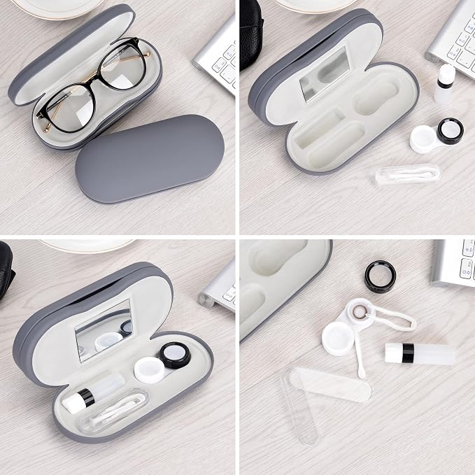 Muf 2 in 1 Contact Lens Case and Glasses Case, Double Sided Design with Mirror, Portable Travel Kit with Tweezer, Remover and Solution Bottle, Grey